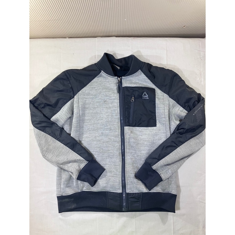Kids Reebok Bomber Jacket Gray Black Full Zip Athletic Track Jacket L 14 16
